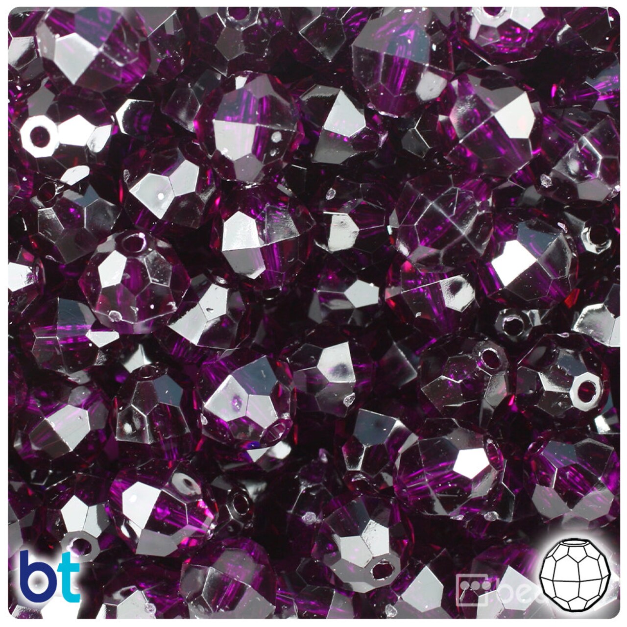 BeadTin Dark Amethyst Transparent 12mm Faceted Round Plastic Craft Beads (180pcs)